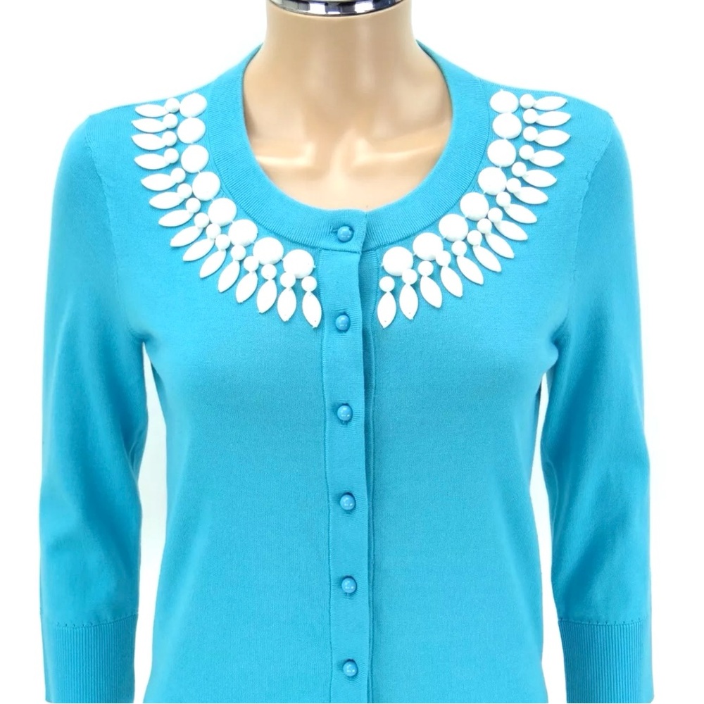 KATE SPADE Cardigan Sweater SIZE SMALL Aegean Blue White Embellished Knit Top